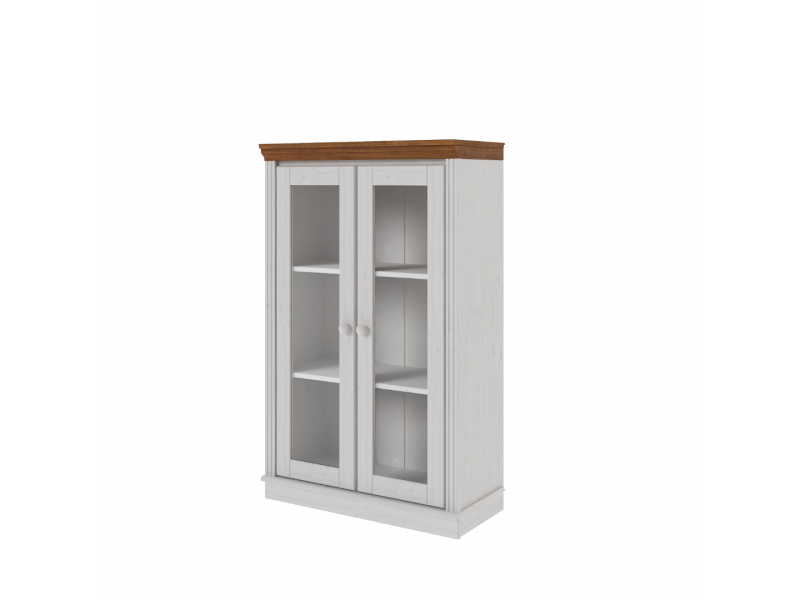 Estante de madeira com 1,19 m na cor branco lavado e mel e duas portas de vidro / Coleção biblioteca